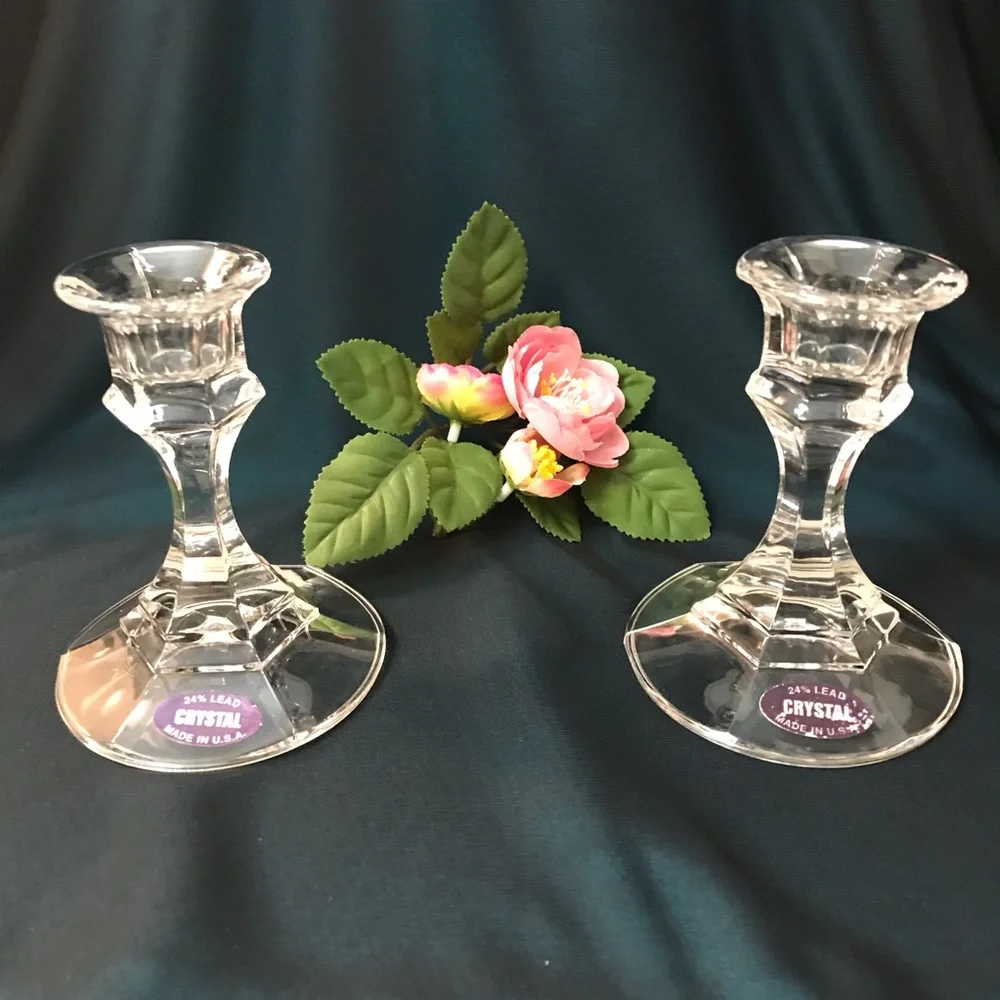 Vintage Pair 24% Lead Crystal Candle Holders Made in USA 4.25” Original Labels